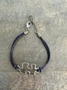 Silver Tone Puzzle Piece Cord Bracelet Adjustable Autism Awareness Style